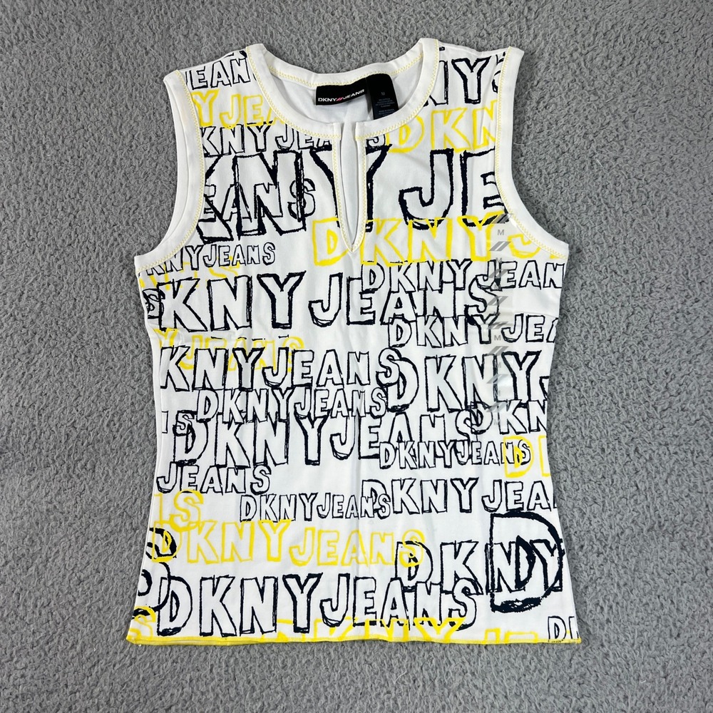 DKNY Jeans Logo Print Tank Top Women's Medium White Yellow Split Neck VTG NWT